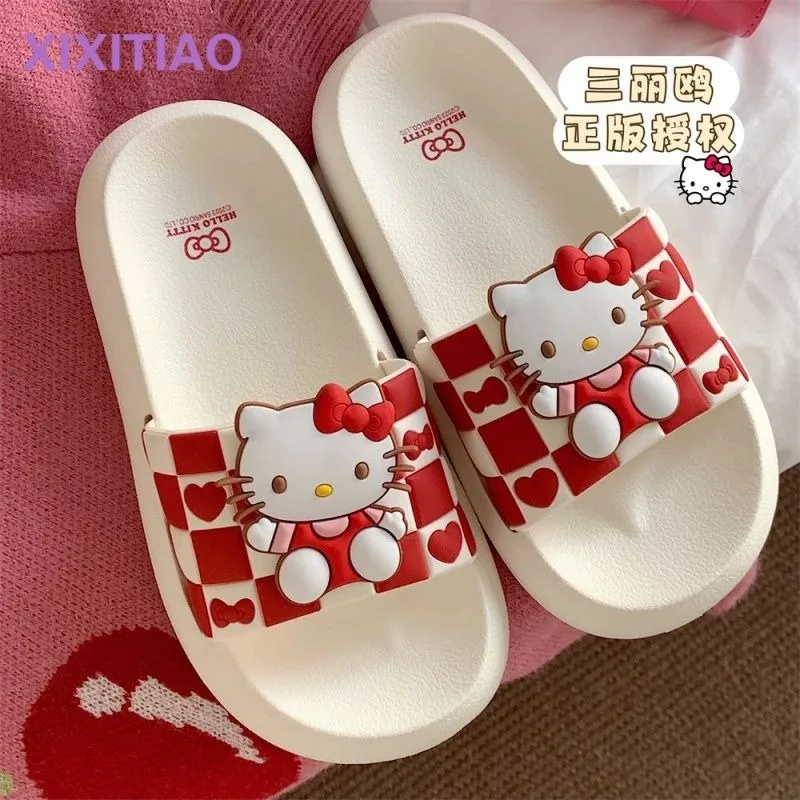 

Сандалии Sanrio женские на плоской подошве, анимация, периферийный рисунок Hello Kitty, милые модные тапочки в Корейском стиле, мягкие, подарок, оптовая продажа