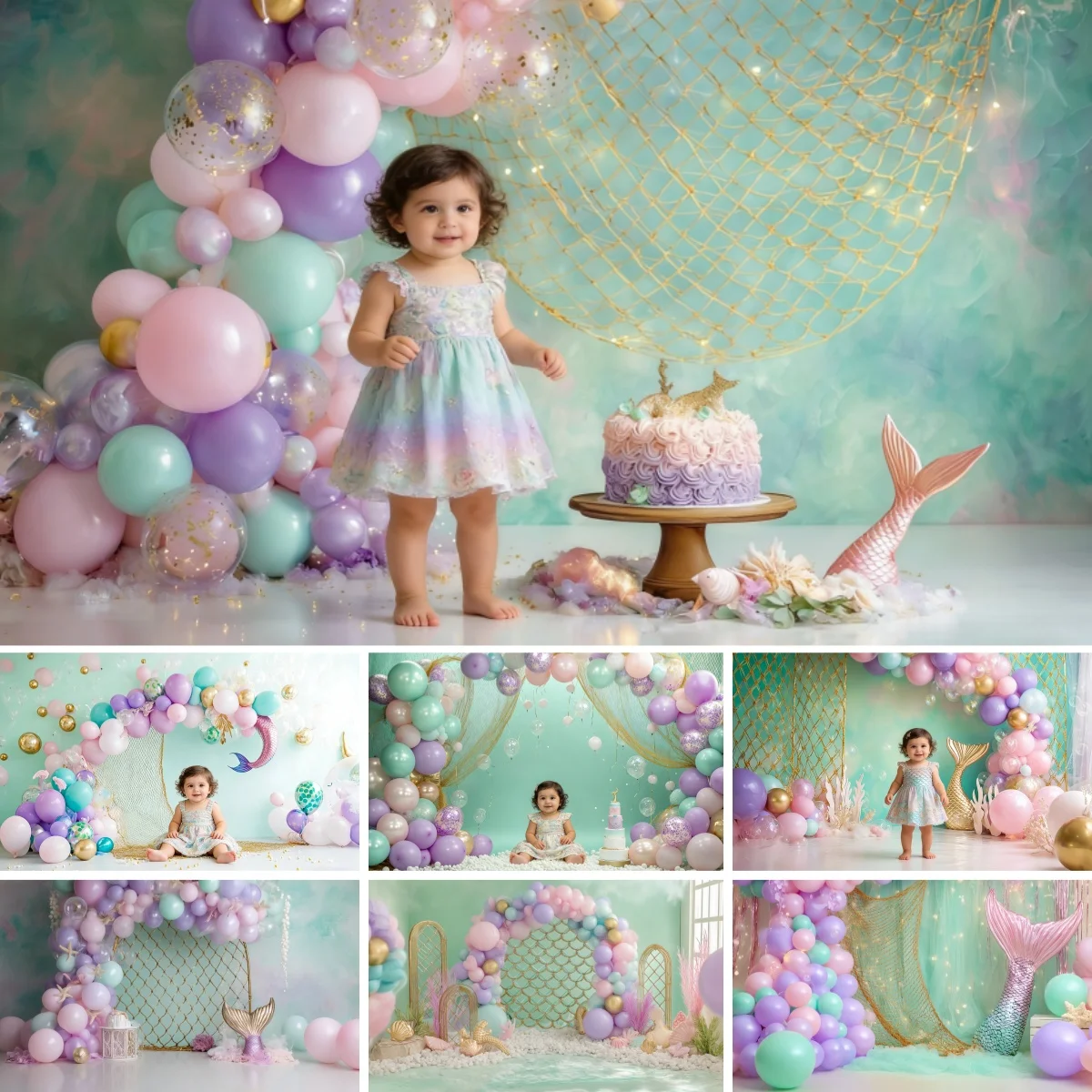 Meerjungfrau-Hintergrund für Neugeborenen-1. Geburtstagsparty-Dekoration, Lila Luftballons, Mädchen-Porträtfotografie-Hintergrund, Fotostudio-Requisiten