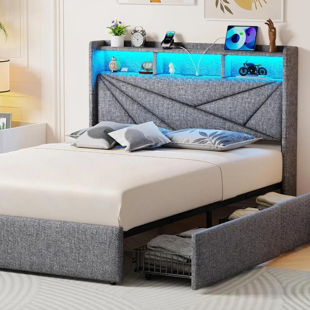 

Queen Size Bed Frame with 4 Storage Drawers, Upholstered King Bed Frame with Charging Station and LED Lights Headboard,