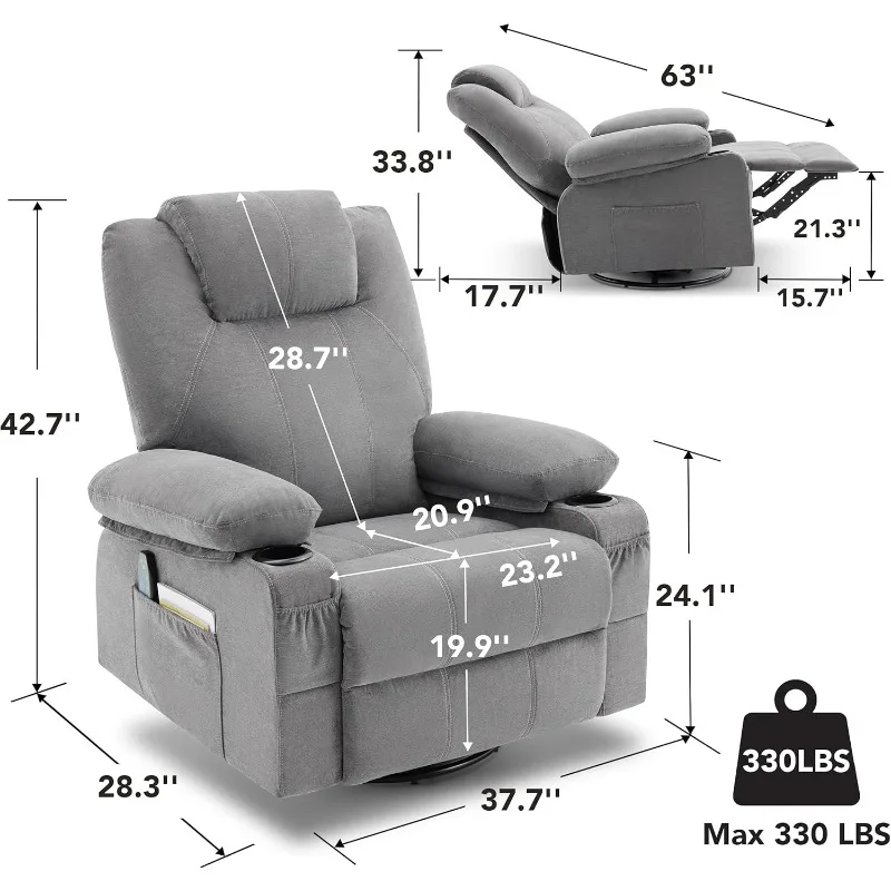 Swivel Rocker Recliner Chair with Heat and Massage, 360 Degree Swivel Rocking Single Sofa with Cup Holders and USB Port