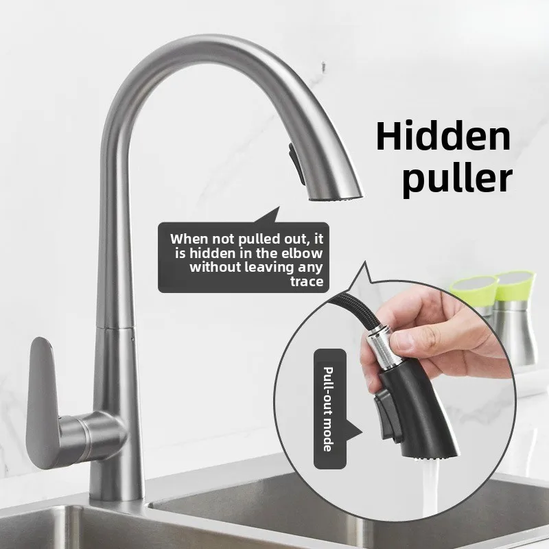 

Смеситель для кухни серый, выдвижной, с гибким поворотным изливом, латунный, для раковины, для холодной и горячей воды, с шлангом