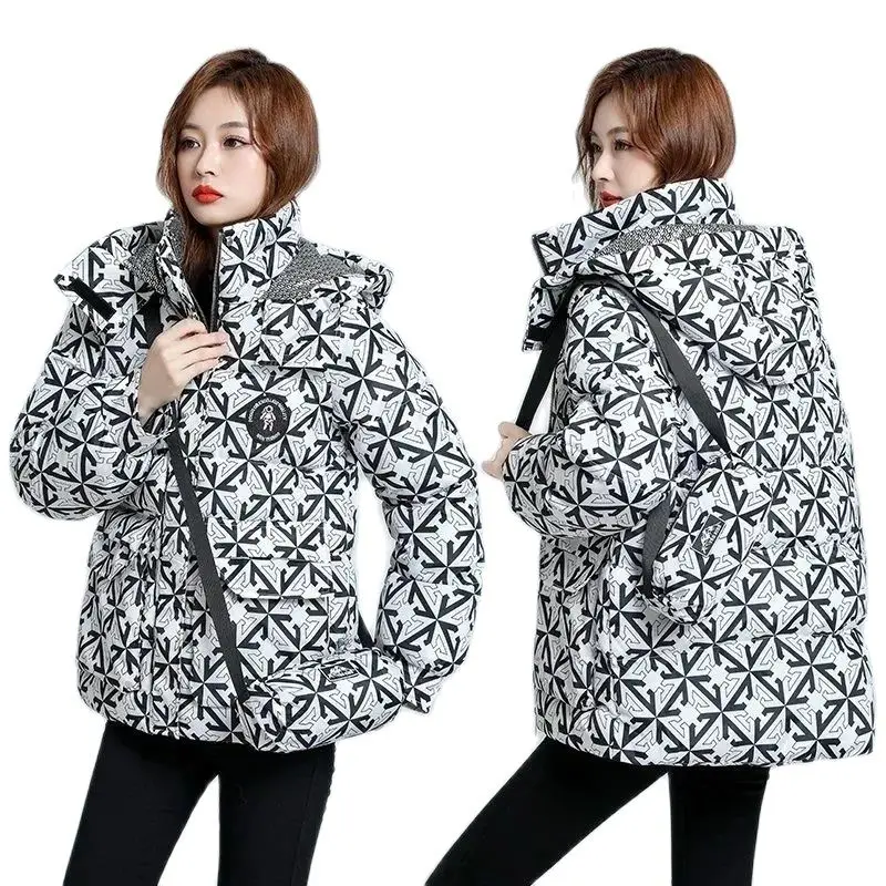 

2023 New Fashion Print Down Cotton-Padded Jacket Female Short Korean Version Loose Hooded Thick Warm Temperament Coat tide