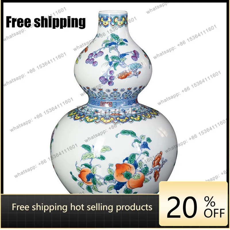 Jingdezhen ceramic blue and white porcelain hand-painted bucket color three-pattern gourd bottle retro Chinese ornament