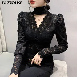 High-End Custom Autumn Women Sexy Lace T-Shirt New Female Chic Hollow Out Stand Collar Long Sleeve Tees Casual Slim Tops Blouse