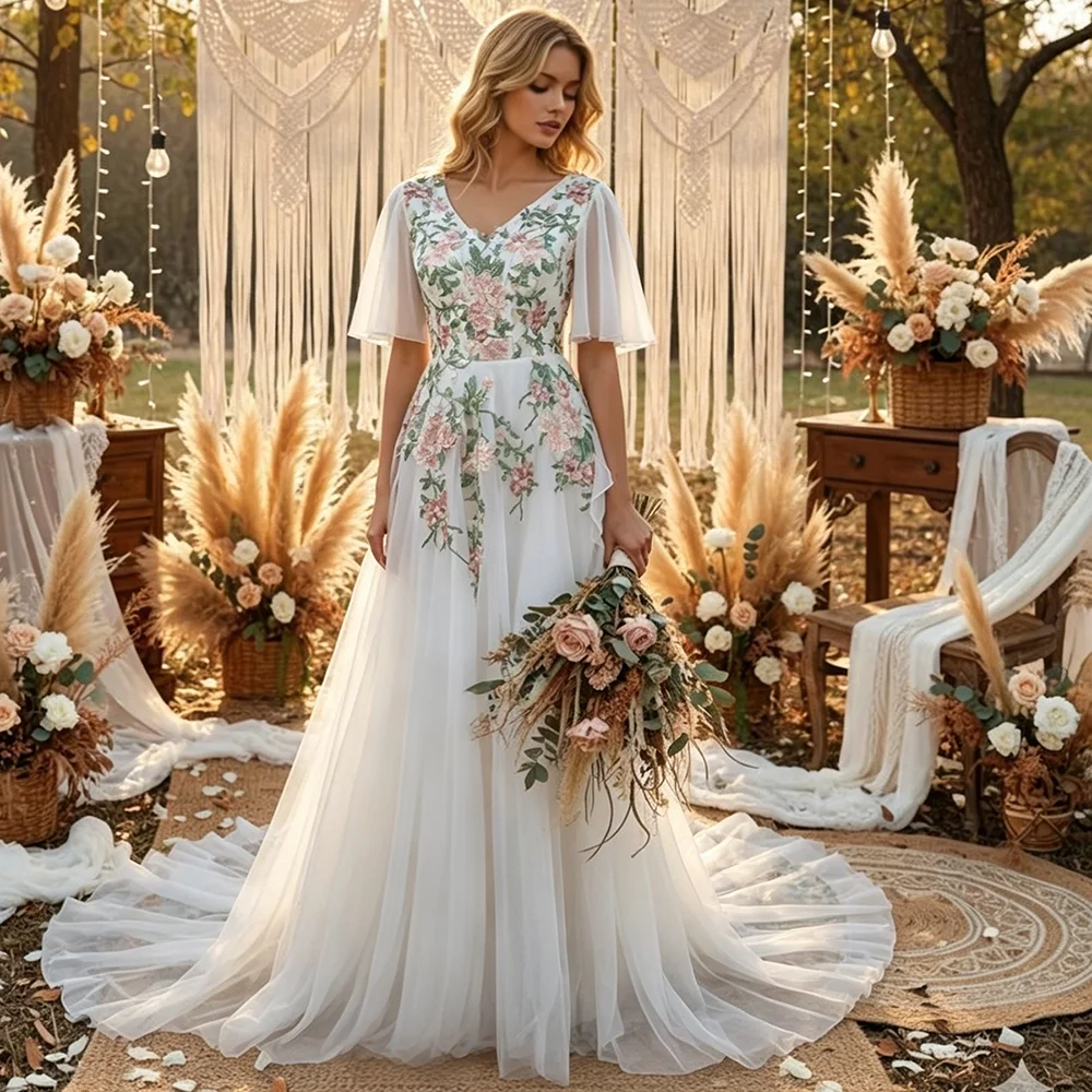 Half Sleeves V Neck Open Back Embroidered Wedding Dress Customized A Line Colorful Appliqued Tulle Brush Train Bridal Gowns