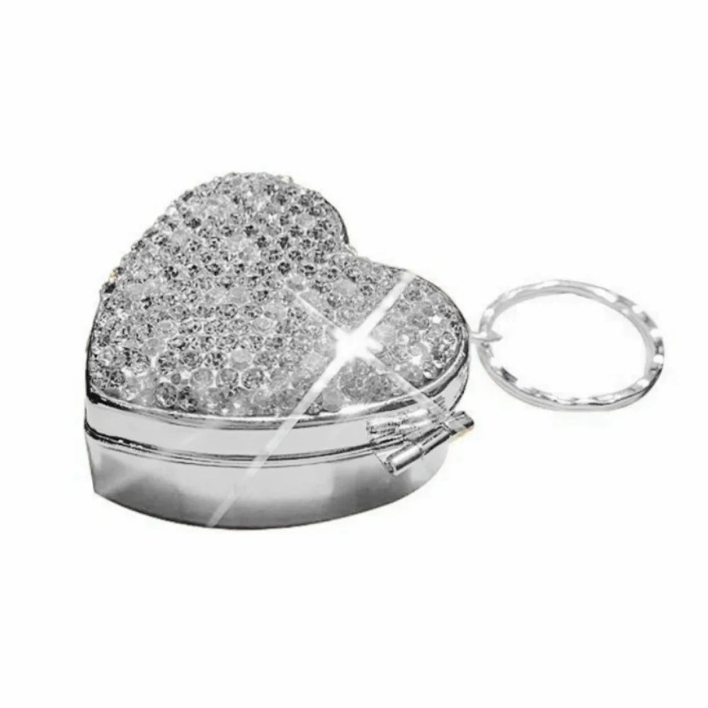 

Shiny Rhinestone Mini Metal Pill Box Portable Blingbling Medicine Storage Box Moisture-proof 2 Grids Travel Pill Organizer