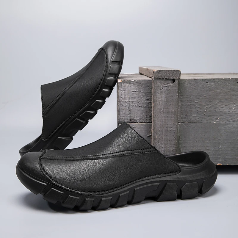 Mens Leather Casual Shoes 2026 New Design Slip-On Shoes for Men Hand-stitching Leather Sandals Closed-toe Outdoor Slides for Man