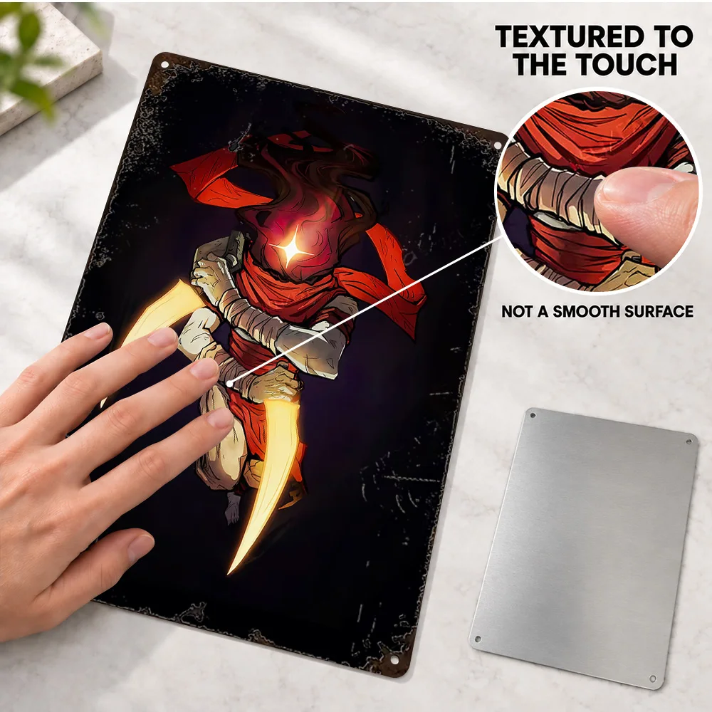 Dead Cells Printed Poster Customized Aluminum Metal Sign Hooded Blade Warrior Illustration Wall Art For Game Lounge Gamer Gift