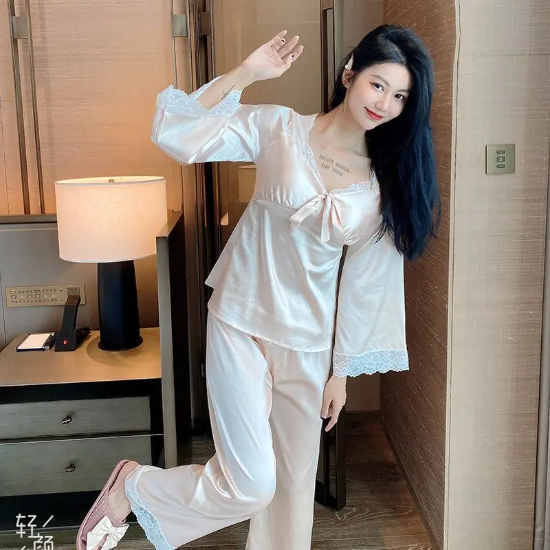 Korean Version Ice Silk Pajamas with Chest Pad Women Lace Long Sleeve Nightdress Sexy Plus Size Home Dress Lacework Bow Pyjamas