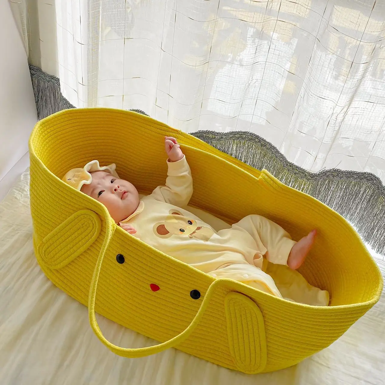 Ins Style New Cotton Rope Woven Baby Carrying Basket Foldable Portable Newborn Bed Outdoor Sleeping Basket Car Mounted