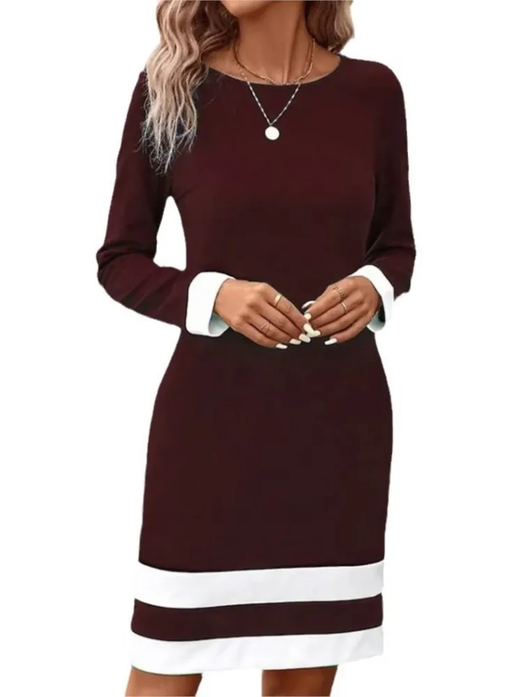 Vêtements pour femmes automne hiver nouvelle mode ajustement serré couleur bloquée robe à manches longues col rond décontracté vêtements pour femmes