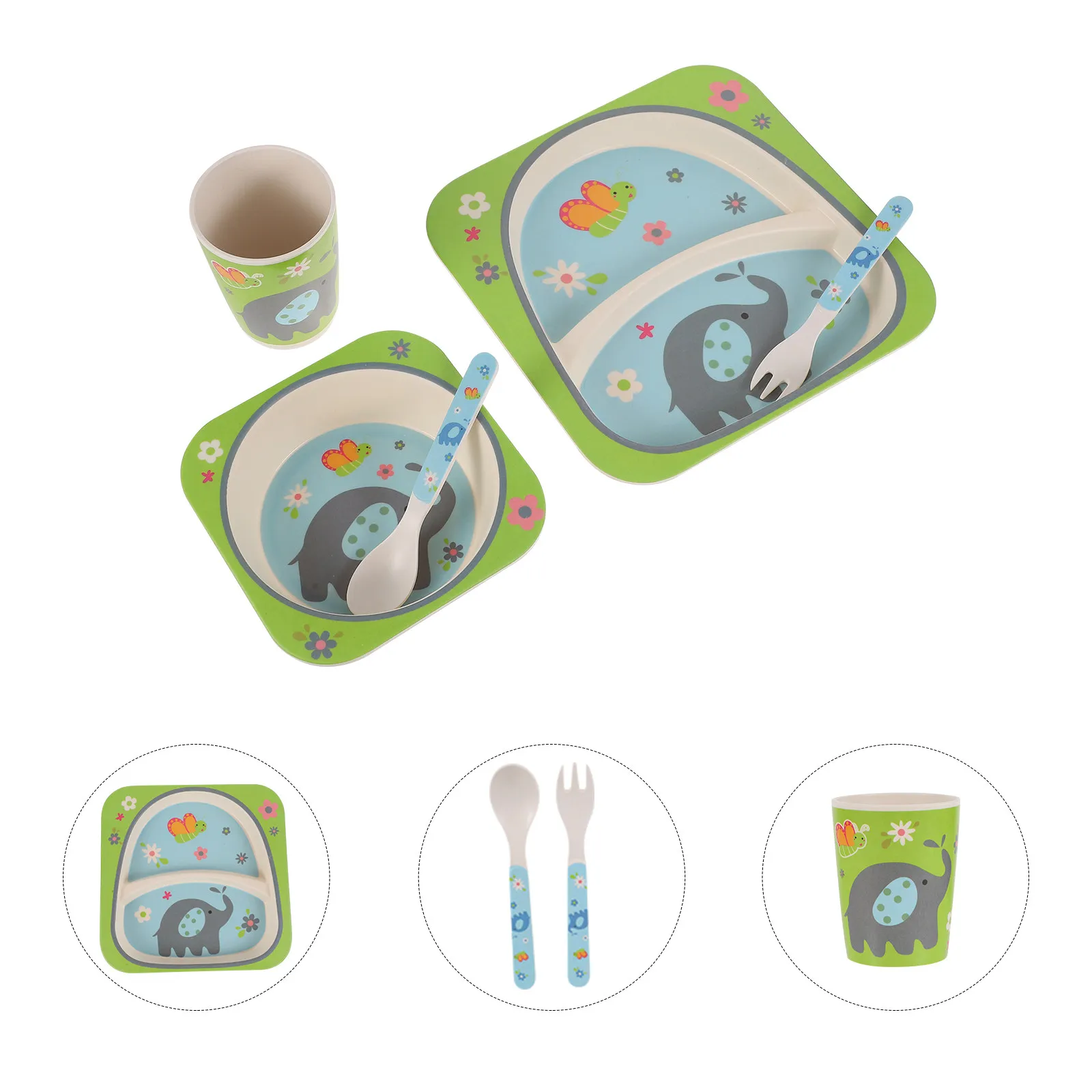 

5Pcs Children Bamboo Dining Set Toddler Tableware Kit with Plate Bowl Cup Fork Spoon Safe Non Toxic Lightweight for Self Feeding