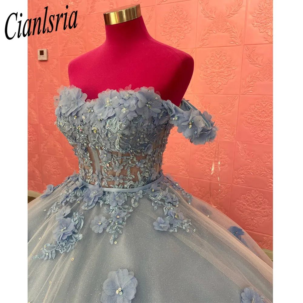 Vestido De baile azul cielo mexicano, quinceañera, apliques 3D, dulce vestido 16, cuentas sin hombros, 15 Años