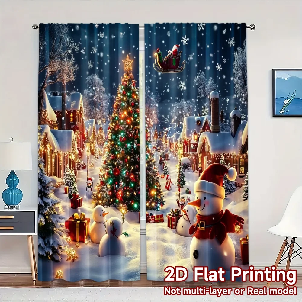 2pcs,Curtains Christmas trees and snowmen Popular Curtains&Window Treatment Versatile Polyester Fabric Curtains Versatile All