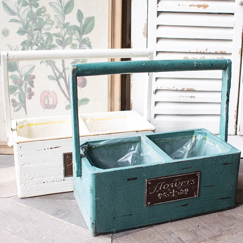 Rustic Handmade Wood Vintage Planter Box - Dual Compartment, Metal Sign, Swing Handle, Distressed Finish