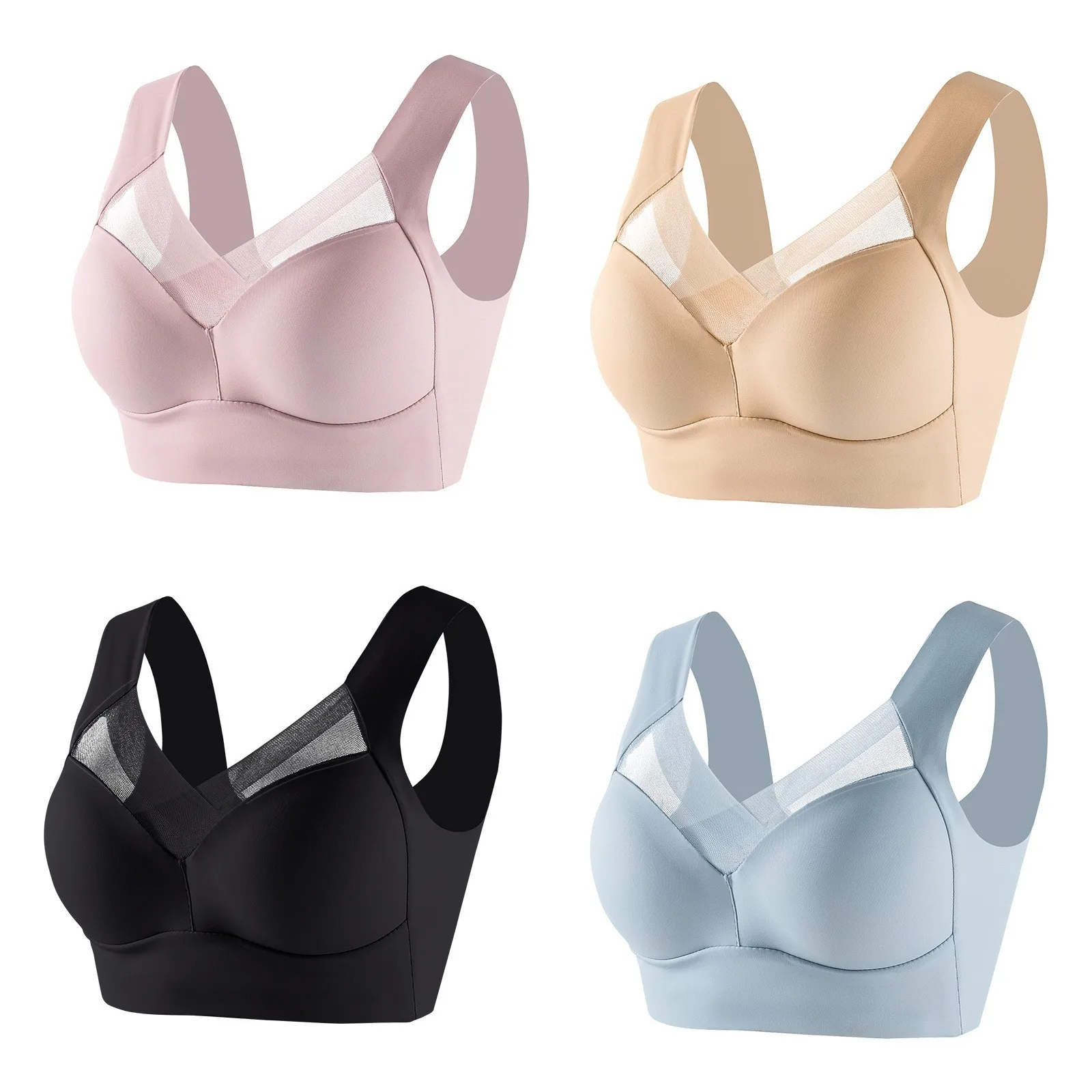 

4PC Sexy Seamless Plus Size Bra Women Patchwork Lace Push Up Sports Brassiere Female Backless Thin Invisible Lingerie