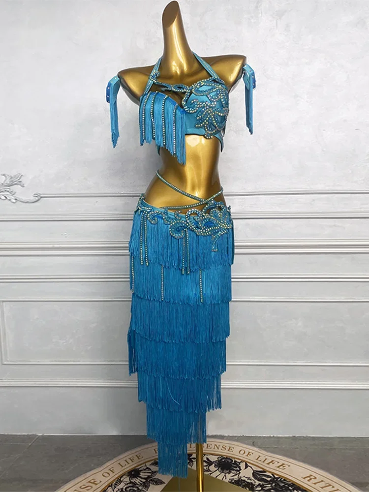 Bauchtänzer-Outfit für Damen, maßgeschneidert, Senior AB-Steine-BH + sexy Quaste, langer Rock, 2-teiliges orientalisches Tanz-Performance-Kostüm