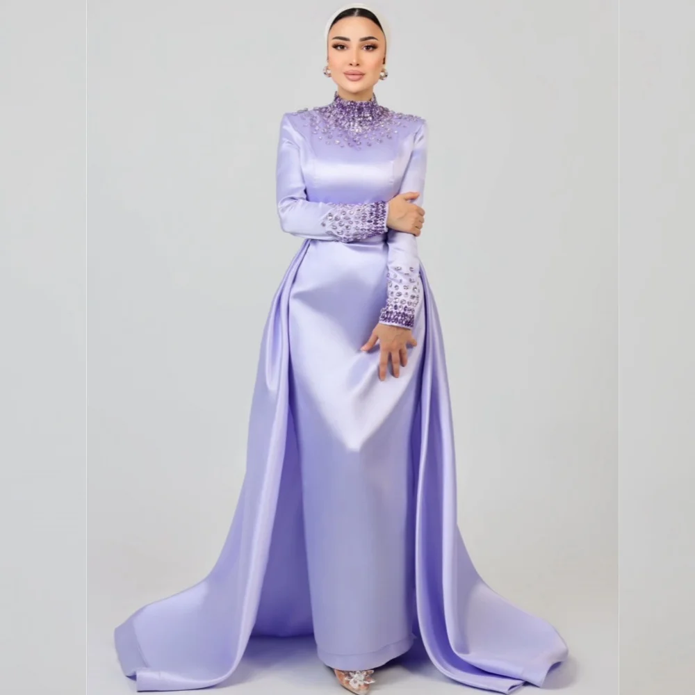 

Customized Modern Style Charmeuse Sequined Straight High Collar Midi Dresses Bespoke Occasion Fashion Intricate