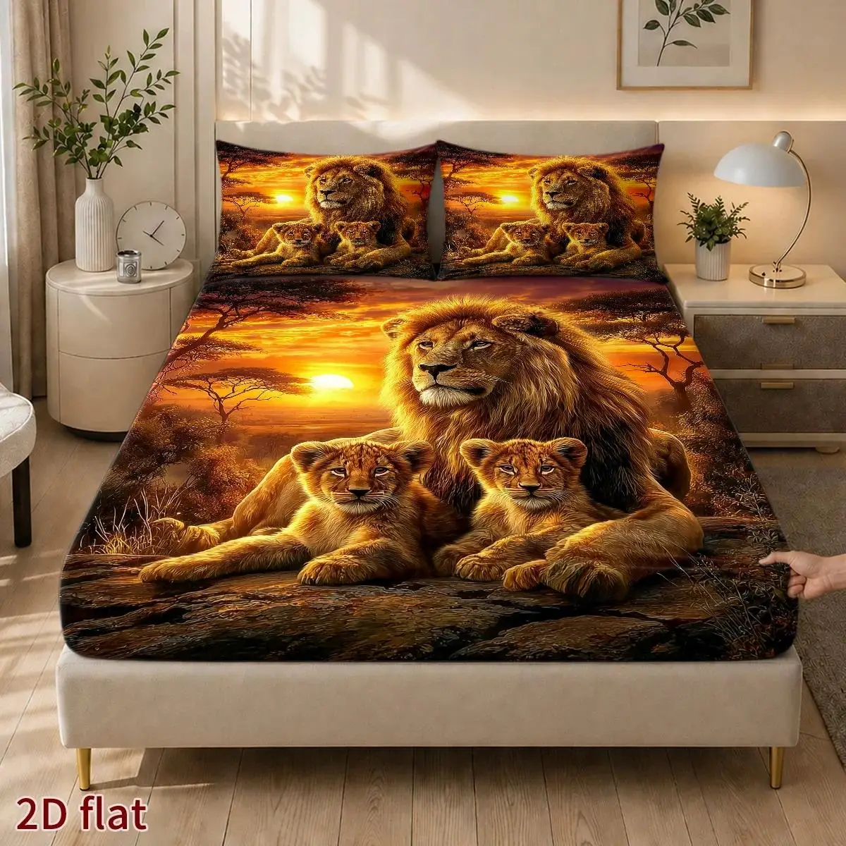 3pcs Mattress Protector Set with 2 Pillowcases, Golden Lion Family Print, African Savanna Animal Theme Fitted Sheet