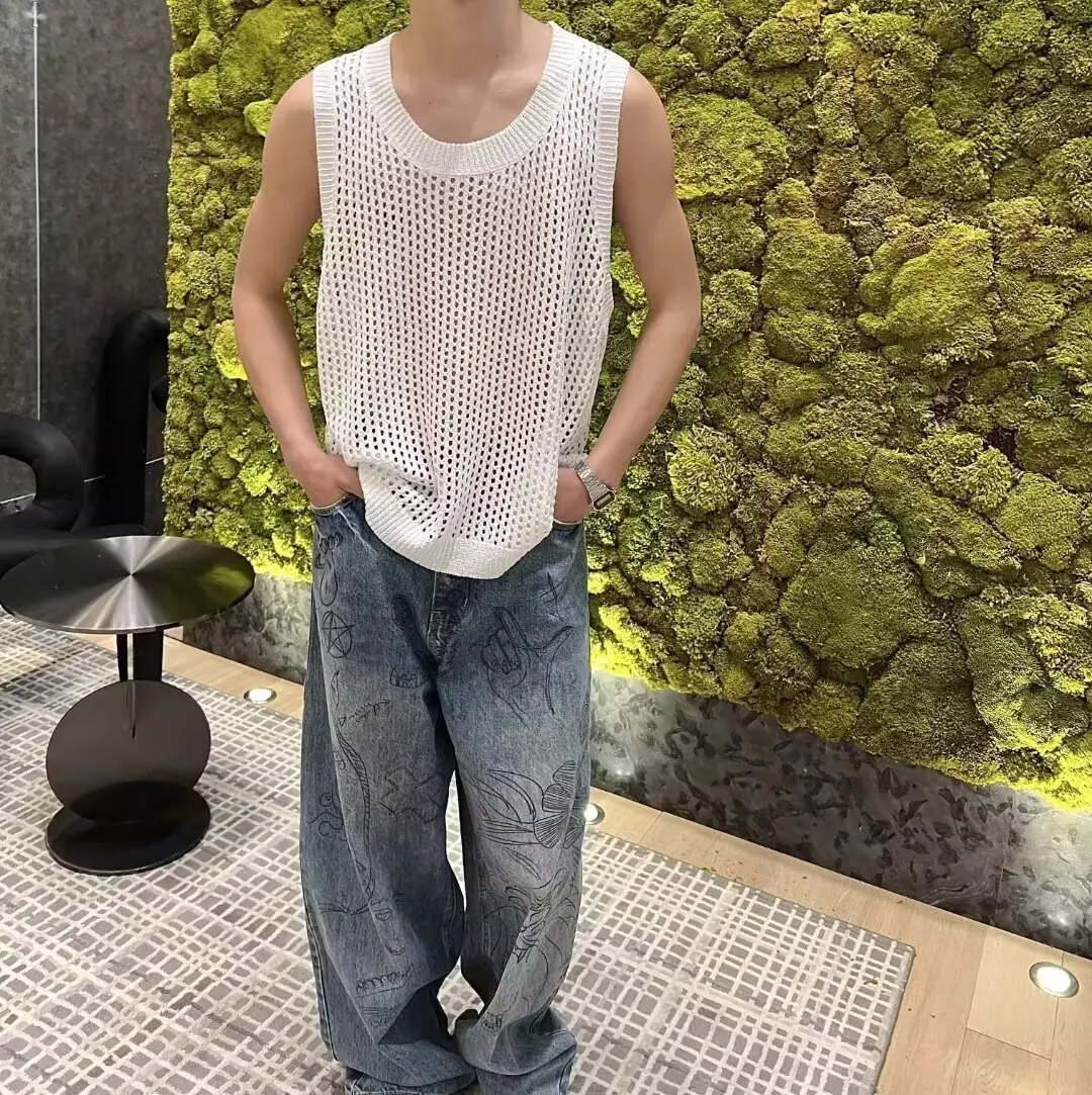 Summer Hollow Out Ice Silk Breathable Sleeveless Knit Tank Top Men's Casual Trendy Top