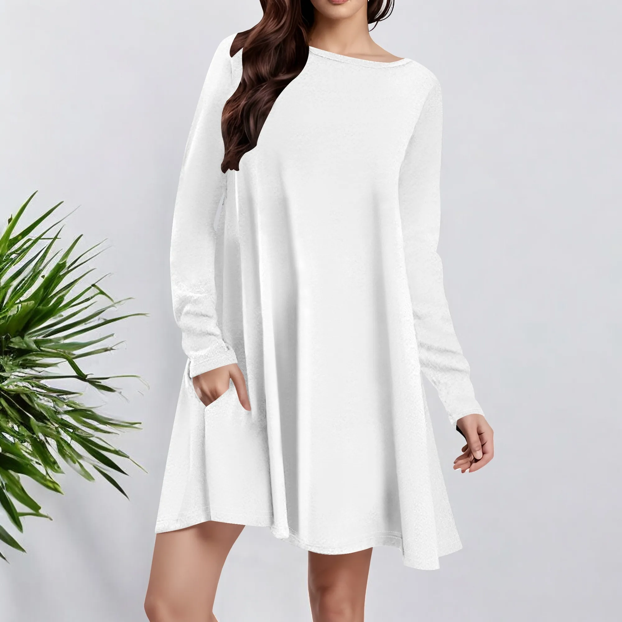 Abito da donna casual ampio a maniche lunghe, mini abiti altalena semplici in tinta unita con tasca