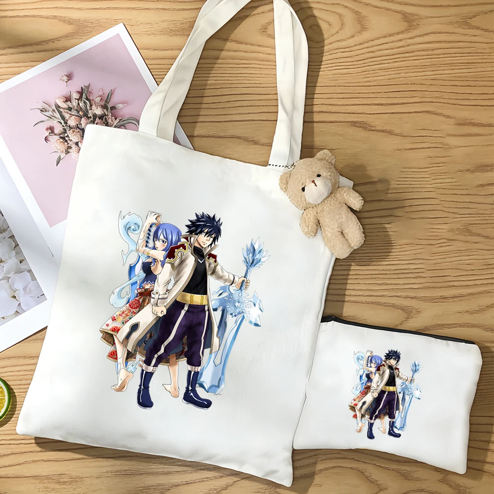 Juego de 3 Bolsas de Lona con Diseño de FAIRY TAIL, Mavis Vermilion, Juvia Lockser y Happy, Bolsa de Hombro Gruesa con Figuras de Anime, Regalo