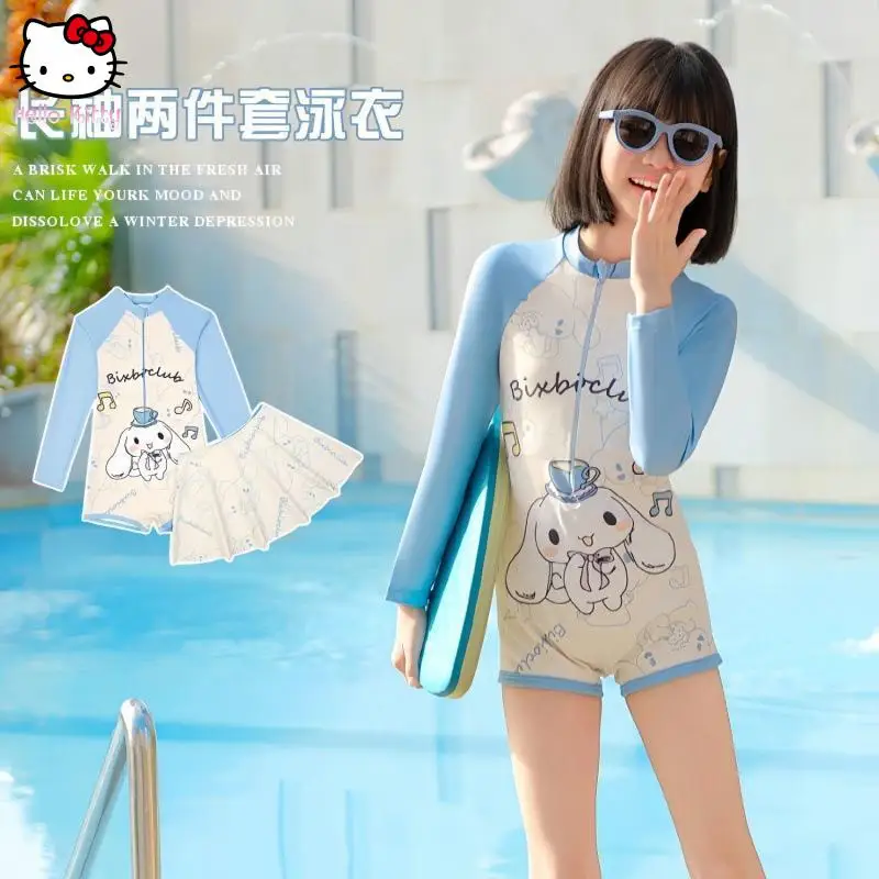 ملابس سباحة أنيقة للفتيات من Cinnamoroll بتنورة سانريو كورومي الجديدة بأكمام طويلة ورسوم كرتونية أنيمي سريعة الجفاف وقابلة للتنفس ملابس سباحة للشاطئ