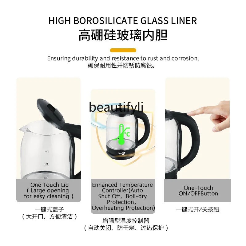 2L Large Capacity Transparent Glass Electric Kettle Foreign Trade Household Kettle