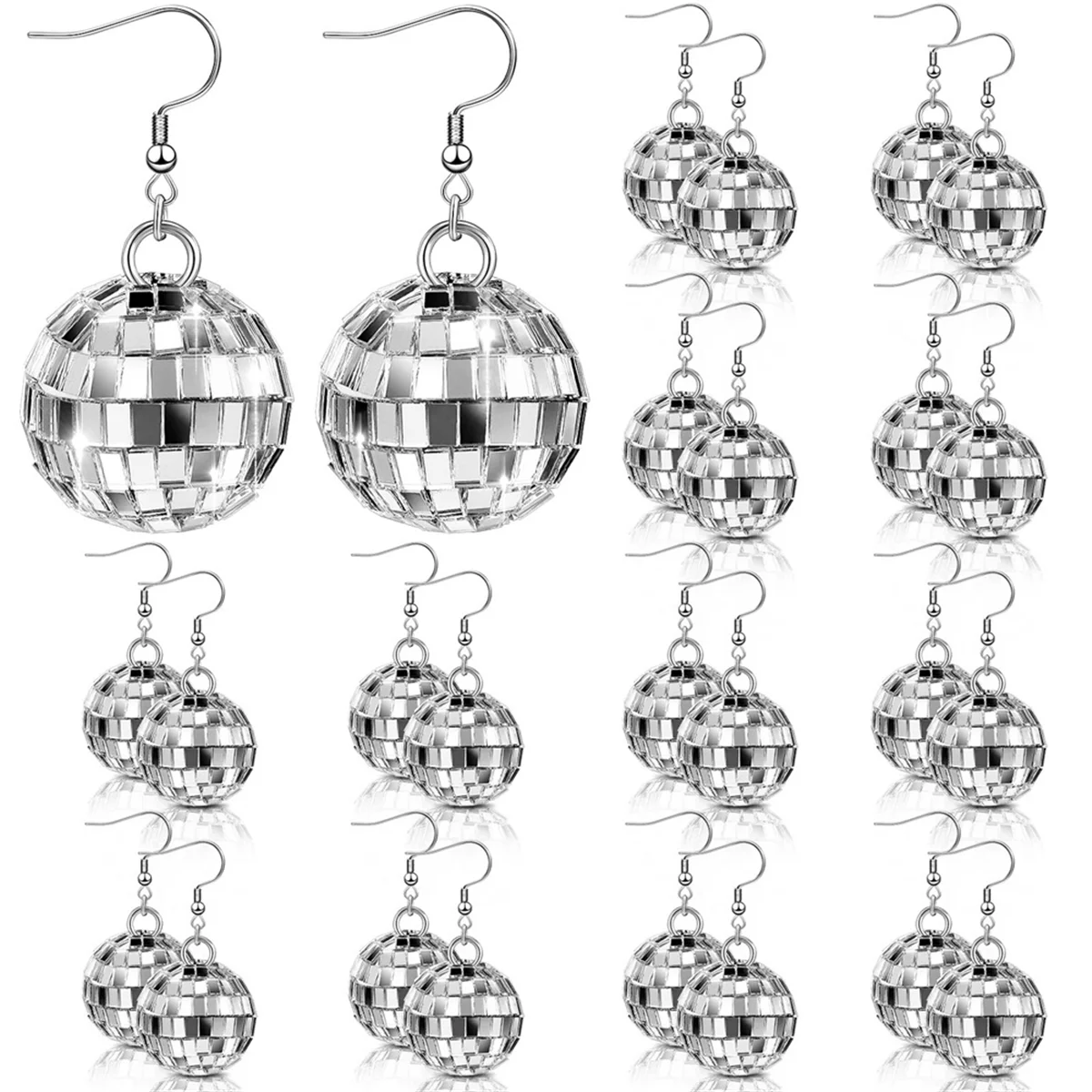 

Durable 12 Pairs Women Disco Ball Earrings 60's Mirror Ball Earrings Silver