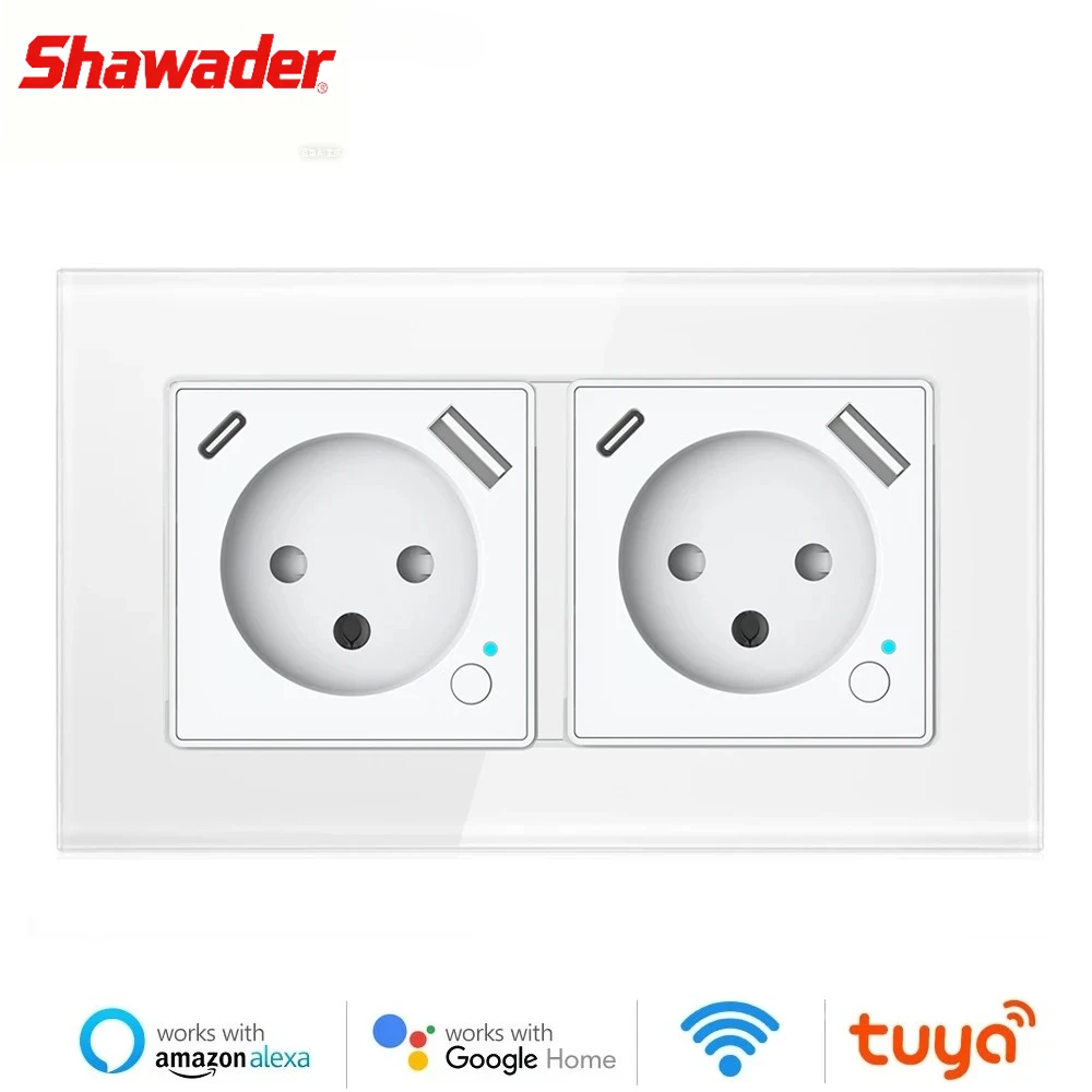 Shawader Tuya WiFi Smart Israel Wall Switch Socket PowerPlug Outlet USB Type-C PD20W Charge Port for Iphone Alexa Dot GoogleHome