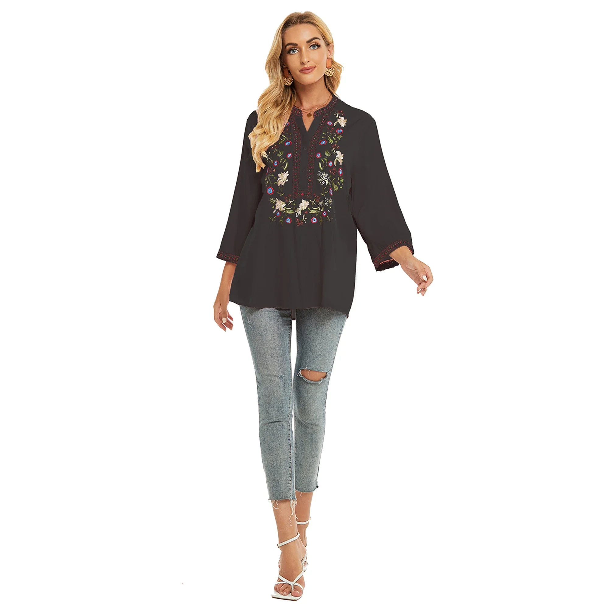 Eaeovni Ladies Loose Pullover Embroidered Shirts Plus Size Long Sleeve Tops Ladies Farmer Tops