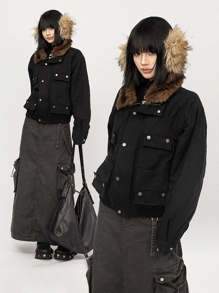 

OCTTFLAB American Retro Thiened Cotton Jaet Women's Autumn Winter Loose Coat Warm Fur Collar Long Sve Zipper Closure