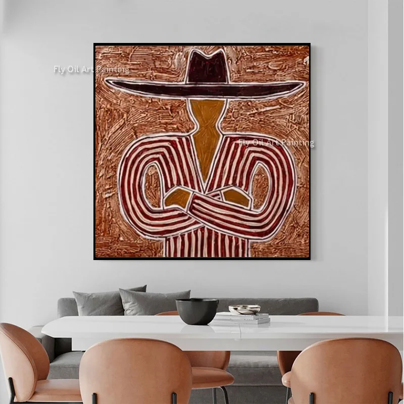 Handmade Canvas Wall Art Western Figure Textured Impasto Oil Painting Bold Striped Earth‑Tone Large Wall Decor For Living Room
