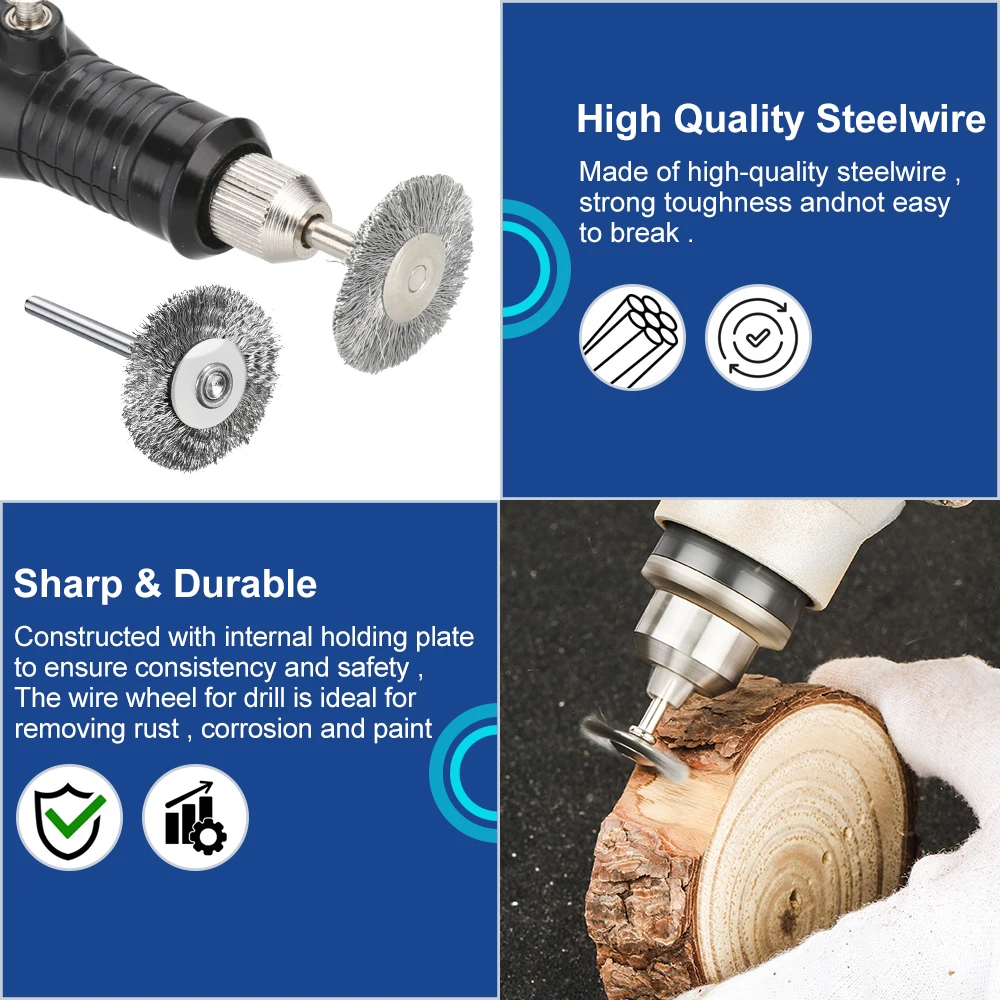 HAMPTON 10/20-teiliges Stahldraht-Radbürsten-Set, 3,0 mm Schaft, 22 mm, Metallrostentfernung, Polieren für Dremel-Drehwerkzeug, Zubehör – Detail 2