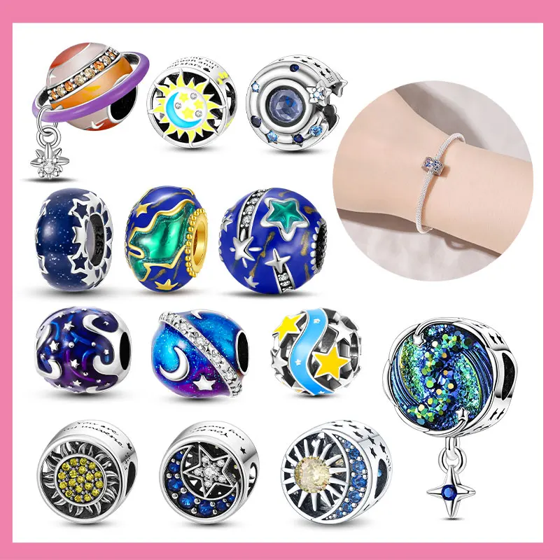 

Colorful Zircon Planetary Space Starry Sunflower Beads Charms Fit Diy Original Bangle Bracelet 925 Silver Women Jewelry Gift