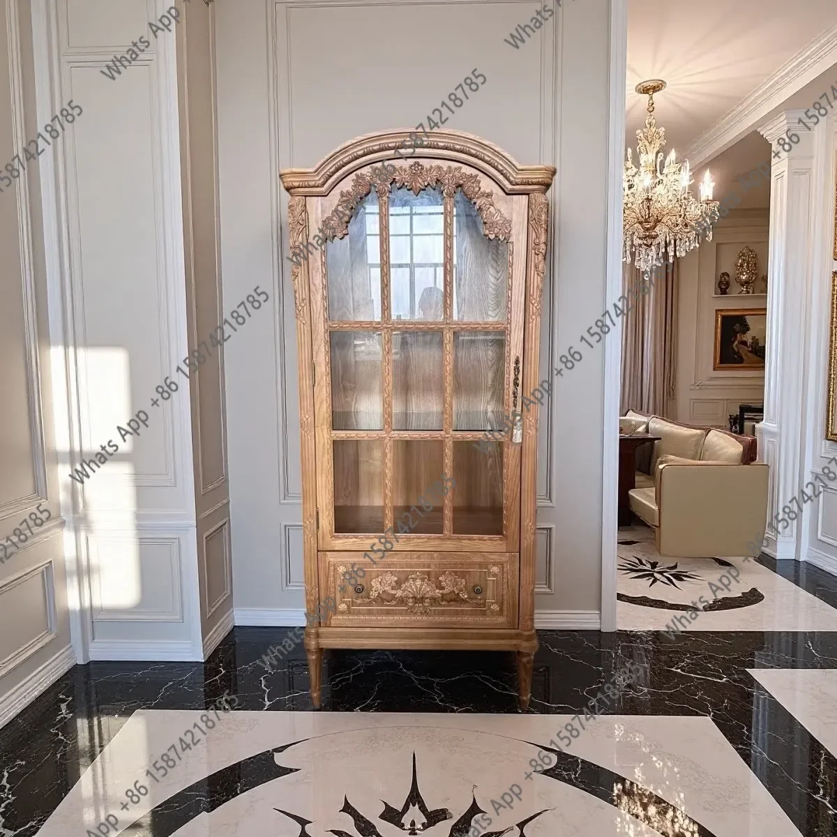 

X36 Solid Wood Carving Flower Glass Wine Cabinet French Retro Dining Side Cabinet Display Living Room Decorative Locker
