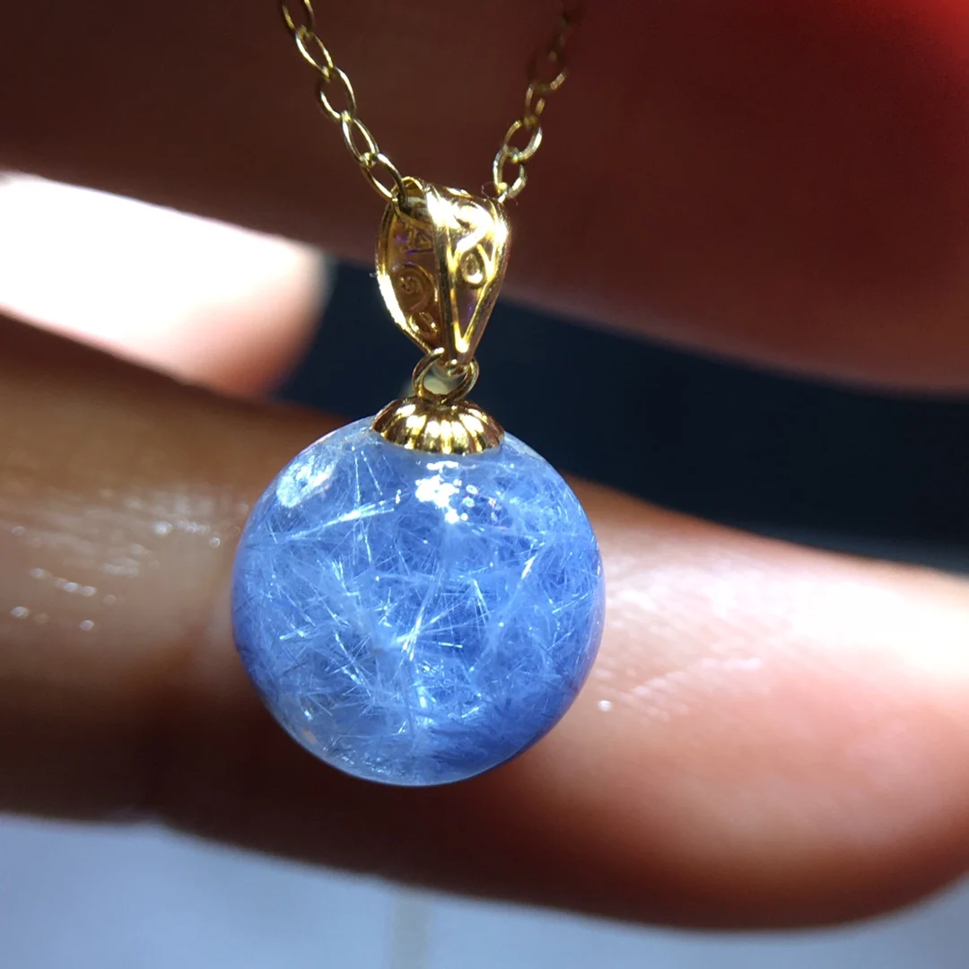 

Natural Blue Rutilated Dumortierite Quartz Pendant 9.4mm Clear Flower Necklace Gold Jewelry AAAAAAA