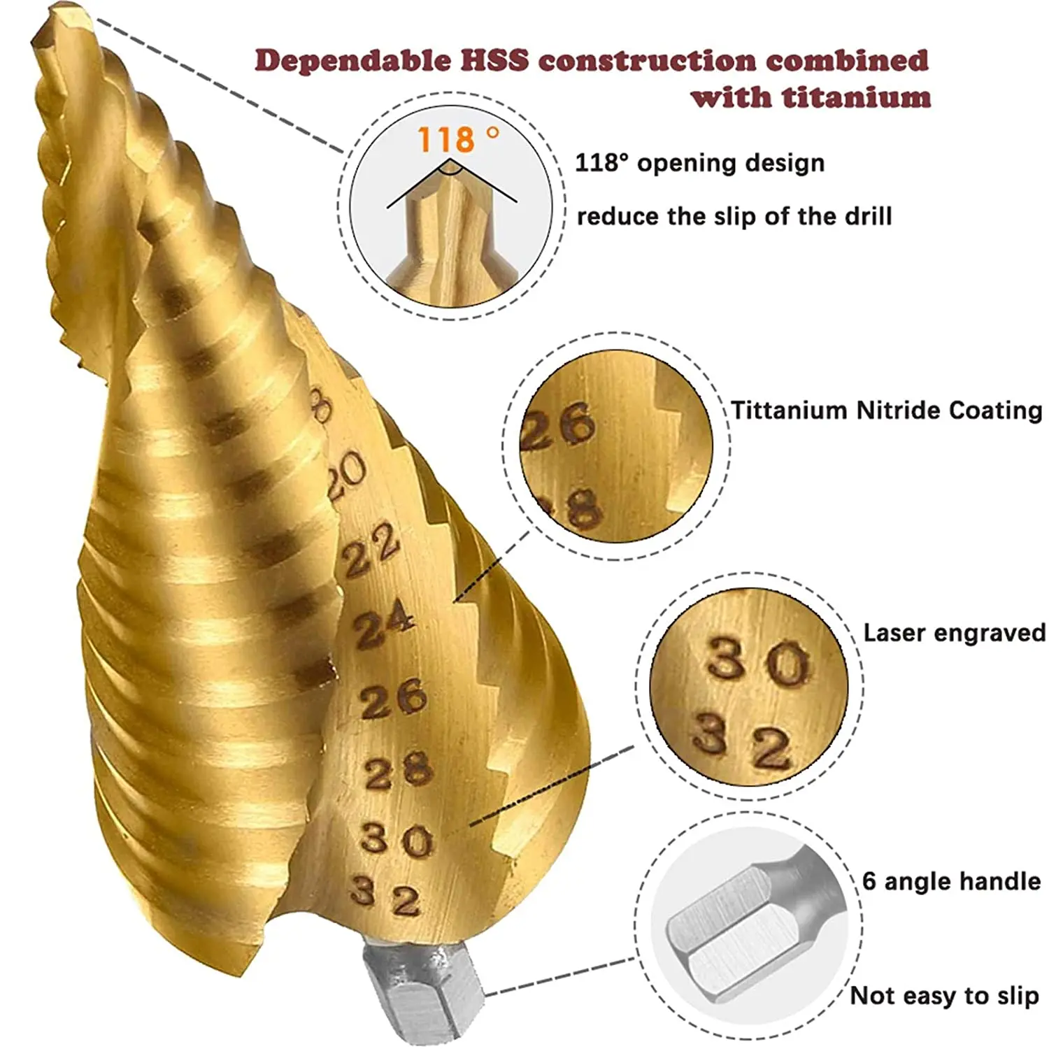 Broca de titanio HSS, 4-12, 4-20, 4-32, herramientas eléctricas de perforación, brocas cónicas de cortador de agujeros para madera de acero de alta