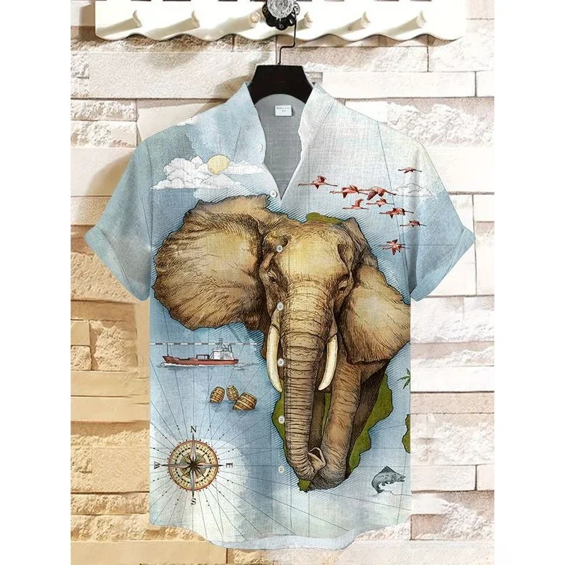 Ethnic Tribal Pattern Elephants and Leaves Printing Short Sleeve Shirt Cool Blouses Summer Stand Collar Shirts Men Hawaiian Tops