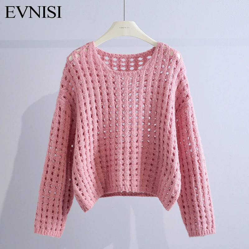 EVNISI Sexy Women Hollow Out Warm Sweater Pullover Thickening Knitting Long Sleeve Jumpers For Women Winter Cashmere Sweater