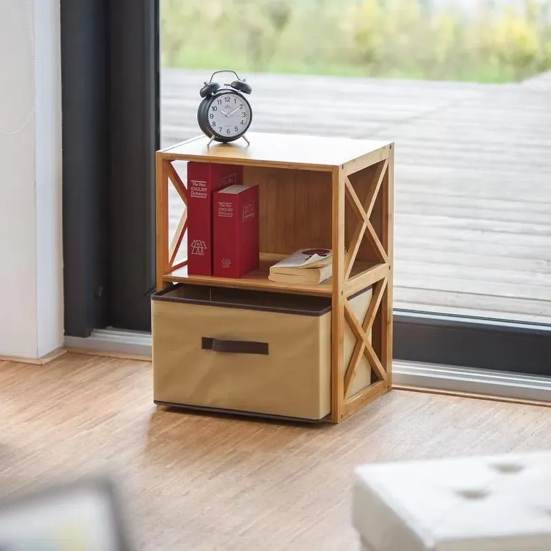 Wooden Double Hollow Multi Function Storage Rack with Cloth Drawers