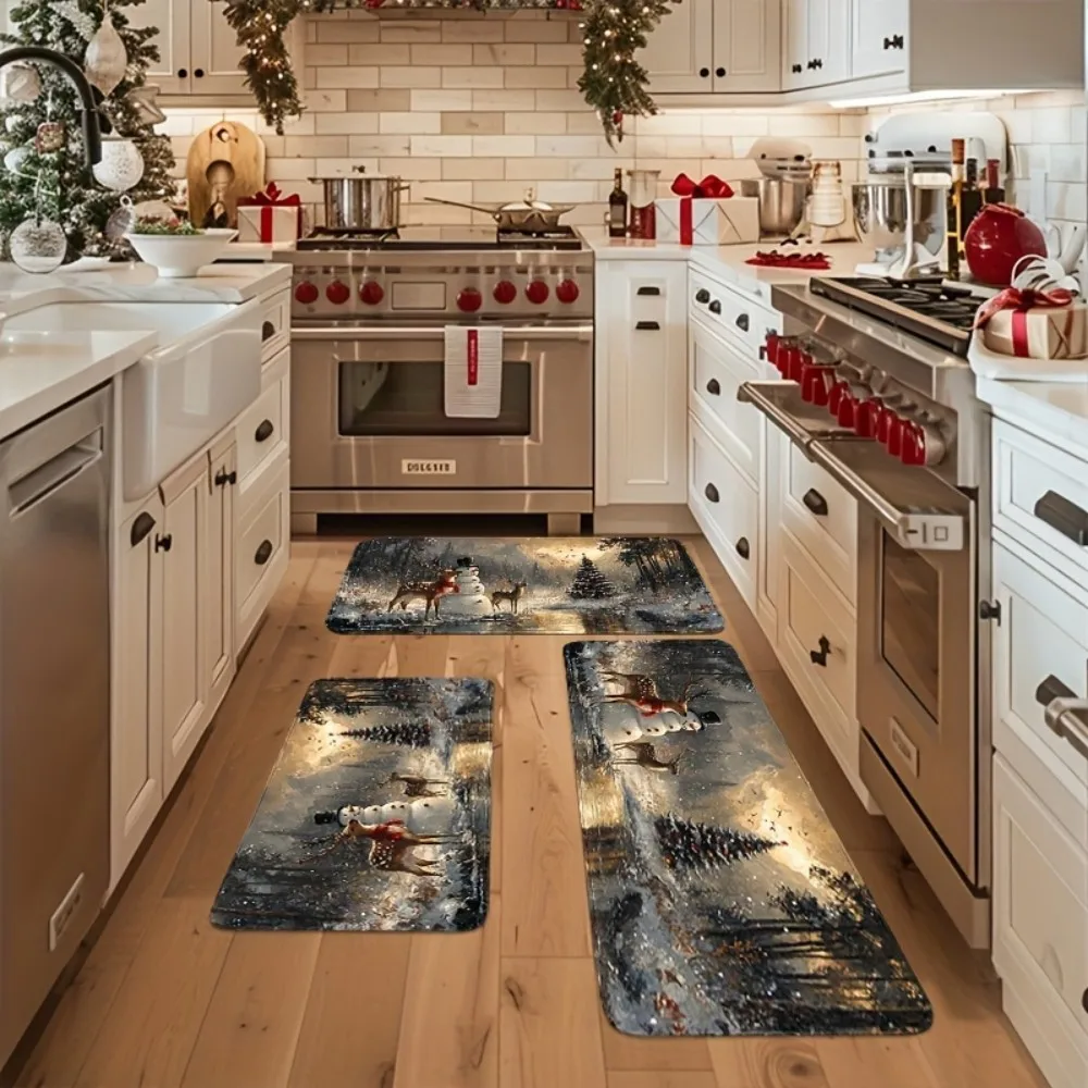 2/3pcs VIKAMA Christmas Deer And Snowman, Kitchen And Laundry Room Party Decoration, Soft And Warm, Durable Carpet Home Decor