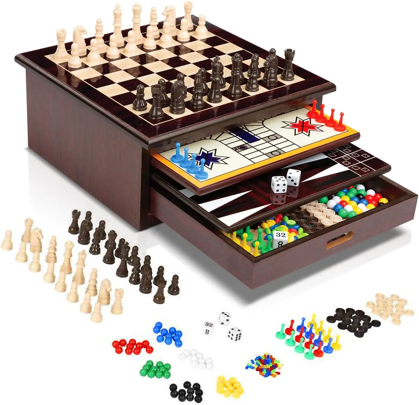 

10-in-1 Wooden Board Game Set – Chess, Checkers, Backgammon & More – Premium Multi-Game with Storage