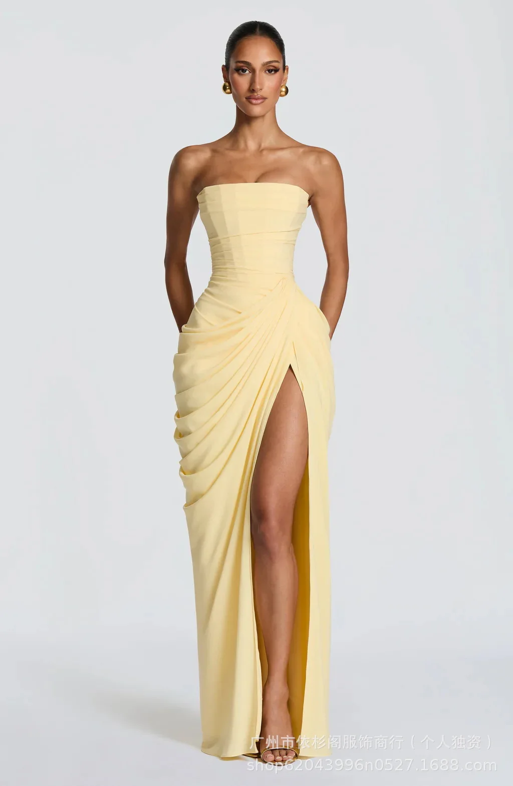 Gele, lage, rugloze, hoogtailleerde jurk met spaghettibandjes, cincher, vestido's, feestjurk, clubjurk, elegante avondjurk voor dames