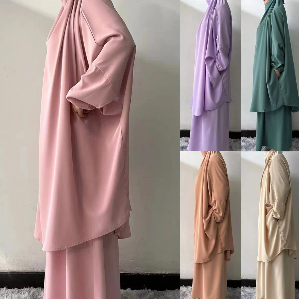 Ramadan Muslim Women Khimar Abayas Two Piece Set Hijab Burqa Dress Islamic Prayer Garment Clothing Arabic Robe Djellaba Kebaya