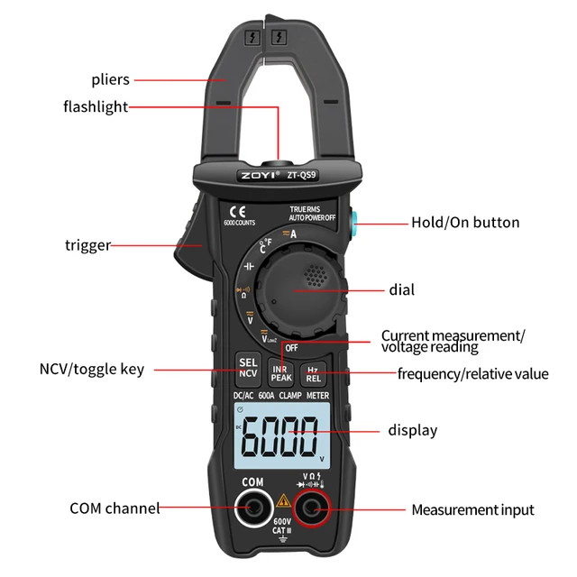 Miernik cęgowy cyfrowy ZOYI QS9 600A True RMS, inteligentne szczypce amperometryczne, automatyczny zakres, multimetr 6000, napięcie DC AC, częstotliwość Hz, rezystancja Ohm, tester NCV