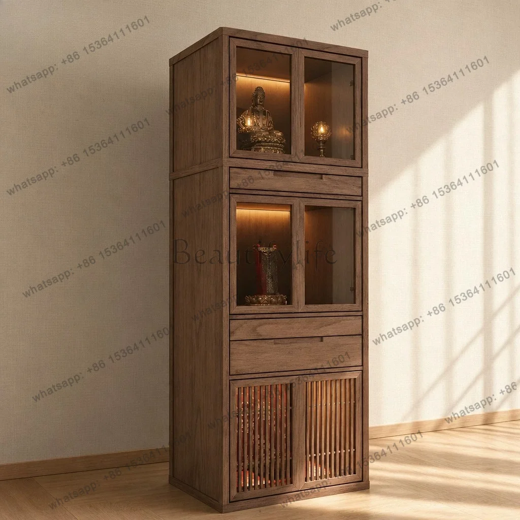 YJ Small Three‑Tier Solid Wood Standing Shrine Cabinet New Chinese Household Altar Cabinet For Guanyin Buddha Home Worship