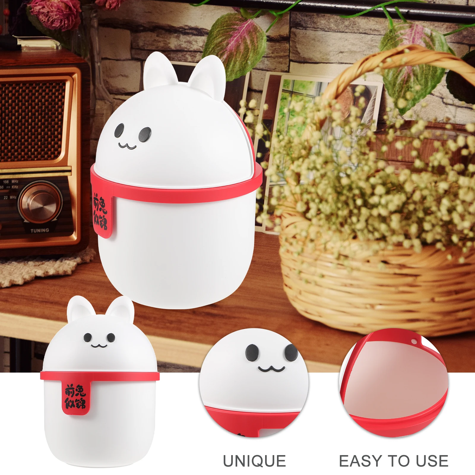 

Desktop Trash Can White Rabbit 1Pc Mini Garbage Bin Covered Storage Office Household PP Material Kitchen Bathroom
