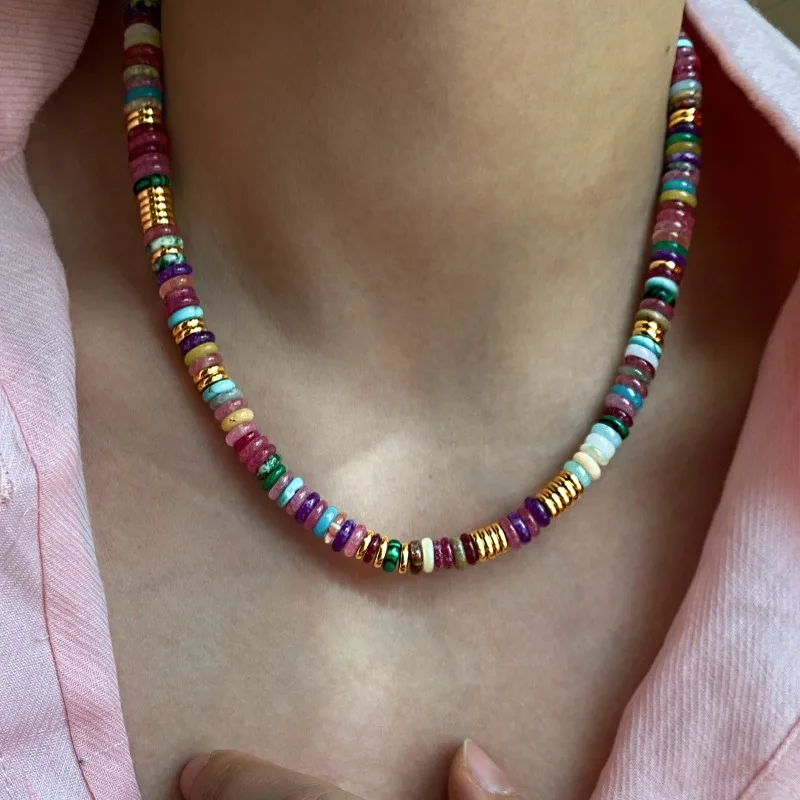

Minar Bohemia Candy Color Natural Stone Beads Beaded Necklace for Women 18K Real Gold Plated Brass Strand Chokers Wholesale