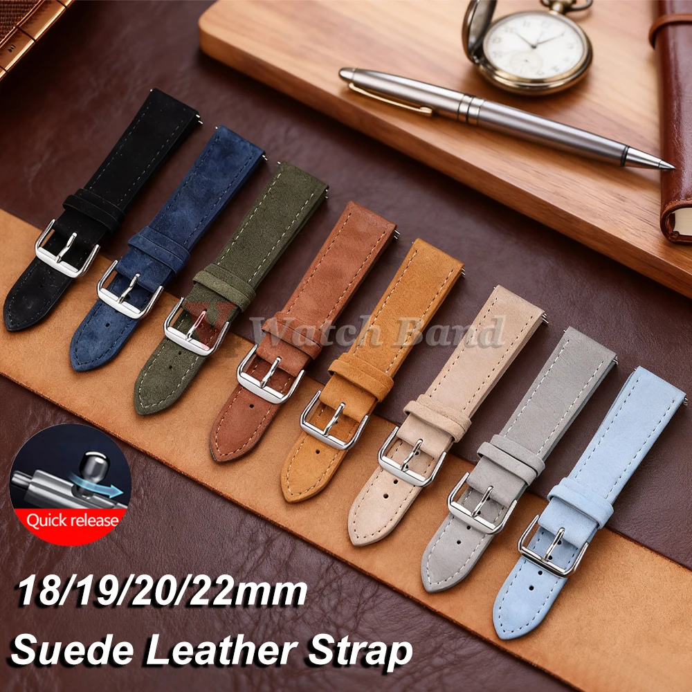 18/19/20/22mm Watch Band Genuine Suede Cowhide Strap for Samsung Galaxy Watch 7/6/5 Watch Vintage Brown Quick Release Bracelets